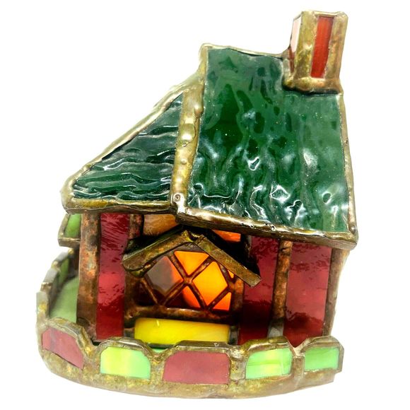 Stained Glass Christmas Cottage Village Illuminated w/ Led Candle One Of A Kind - Picture 5 of 7